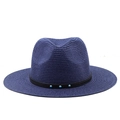 Sombrero Fedora de paja azul oscuro con banda negra y cuentas turquesas estilo bohemio - M(56-58cm) / Azul marino