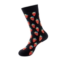Mid-calf socks in black with vibrant red strawberry pattern and ribbed cuffs - No. 889 Black Background Strawberry