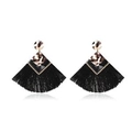 Bohemian black fan-shaped tassel earrings with tortoiseshell resin accents and silk fringe - Black Fan Tortoiseshell Patchwork (S210)