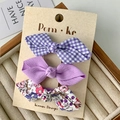 3-piece purple floral bow hair clip set with gingham pattern in Korean style - Purple Series
