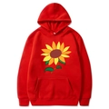 Detail of red long sleeve hoodie featuring vibrant sunflower print and kangaroo pocket - Red
