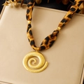 Bohemian gold spiral pendant necklace with leopard print fabric ribbon on silk - Leopard Print Gold Spiral Style (N3836)