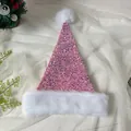 Close-up of pink sequined Christmas hat with white plush trim and fuzzy pom-pom detail - 31*47cm / Mermaid Pink