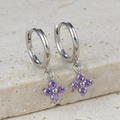 Macro detail of S925 sterling silver hoop earrings with purple zircon flower petals - Silver - Purple Zircon