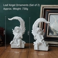 Set of two white resin angel figurines with feathers on book base, 18cm height - Leaf Angel Figurine Set