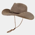 Brown and beige mixed weave Western cowboy straw hat with bull emblem and chin strap - One Size / Khaki Brown