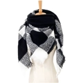 Classic black and white checkered plaid scarf with fringe tassels on a mannequin - Large Black White Plaid