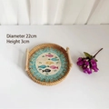 Handwoven rattan tray with blue mosaic fish pattern and wooden handles, diameter 22cm - Colorful Fish / Small 22x3cm
