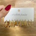 Gold 6 Pairs Set (Pearl/Geometric Square/Hoop)(HS739-29)
