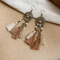 Bohemian rhombus drop oil earrings with beige and brown cotton tassels in bronze - Rhinestone Round Flower Shell Cotton Style