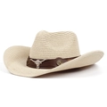 Linen Panama hat with brown leather band and silver longhorn bull skull emblem - M(56-58cm) / Khaki
