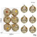 Golden Christmas balls set with glitter flowers and twine, 5.5cm diameter ornaments - Hemp Rope Floral Wrapped Foam Balls / 6Pcs