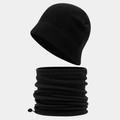 Close-up of black fleece beanie and neck warmer set with adjustable drawstring texture - Black 2-Piece Set