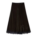 Elegant A-line velvet midi skirt in dark brown with exquisite black lace hem detail - XS / Coffee
