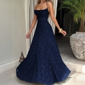 Elegant navy blue A-line maxi dress with floral jacquard texture and slender straps - S / Navy Blue