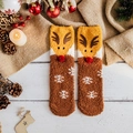 Thick warm coral fleece Christmas socks featuring 3D elk reindeer design and snowflakes - One Size / Coffee Snowflake Reindeer