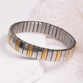 Two-tone modular elastic bracelet with silver and gold textured stainless steel blocks - K1201-Silver with Gold Twill