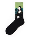 Artistic mid-calf socks featuring pixelated Mona Lisa portrait with green rib cuffs - One Size / Mona Lisa