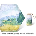 Flat 6-fold sun umbrella with Van Gogh Wheat Field with Cypresses art and black coating - Flat 6-Fold Black Glue Wheat Field and Cypresses (Outer Print)