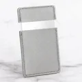 Gray pebble grain leather card holder with transparent PVC window and stitched edges - Pearlescent Gray