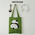 Green knitted shoulder bag with cute panda print and Have a good day text detail - Panda Back Green
