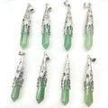 Set of 8 green aventurine crystal hexagonal pendants with vintage silver metal caps - Green Aventurine