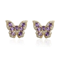 Detailed view of 18K gold butterfly earrings with purple zircon stones and clear crystals - Purple Butterfly / Purple/Gold