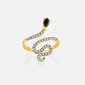 Golden snake-shaped ring featuring a pear-cut black gemstone and white pave-set zircons - 18K Gold