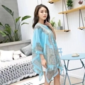 Detail of light blue chiffon sun protection shawl with vintage mandala floral print pattern - Sky Blue