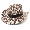 Leopard print faux fur fedora cowboy hat with metal bull buckle and studded leather band - M (56-58cm) / Straight Top / Beige