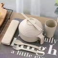 Beige wheat straw noodle bowl set with lid, chopsticks, spoon and fork in travel case - 6-Piece Set (Including Cup & Case) / Nordic Beige