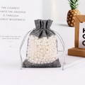 Grey linen drawstring pouch with organza window and white decorative pearls - Gray