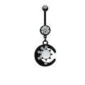 Detailed view of a black crescent moon navel ring with iridescent white stones - Crescent Gem