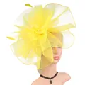 Elegant bright yellow fascinator with mesh layers and feathers for party and banquet - Yellow