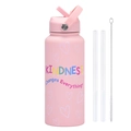 Pink stainless steel water bottle with Kindness print, straws, and cleaning brush - Light Pink Style 11A