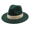Detail of dark green wool fedora hat featuring tweed band and gold metal M logo - Dark Green