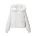 Short white hooded jacket with faux fur trim, snap buttons and ribbed cuffs for women - S / White