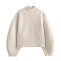 Close-up of cream knit sweater showing high neck design and thick woven fabric texture - S / Off White