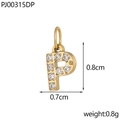 Detailed close-up of golden letter P pendant with micro-paved zircons and ring attachment - Letter P / Gold