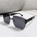 Fashion rimless sunglasses with dark grey oversized lenses and gold carved temples - Solid Grey