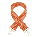 Detail of 5cm wide jacquard strap with orange Greek key pattern and gold metal hooks - Orange