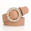 Beige faux leather belt with round rhinestone and pearl buckle for elegant women's styling - Khaki