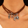 Western cowboy multilayer necklace with cactus horseshoe boots and hat charms - Antique Silver Brown Suede Cord Necklace (04 Suede 8877)