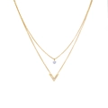 Double-layered titanium steel necklace with V-shaped shell pendant and round crystal stone - Double Layer V-Shape With Stone / Gold (B516)