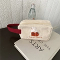 Trousse à maquillage mignonne en velours côtelé avec broderie lapin et anse rouge - Lapin tomate