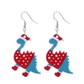 Dettaglio degli orecchini a forma di dinosauro in acrilico con cappelli e calze natalizie - Dinosauro Rosso e Blu