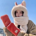 Cute cat claw plush hooded scarf set with gloves in orange-red and beige patchwork - Fire Fox 3-piece Set - Beige