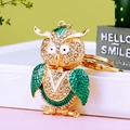 Gold owl keychain with green enamel and sparkling rhinestones on a metal ring - A430 Owl P Green