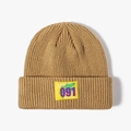 Khaki knit beanie with vintage 091 square patch for winter outdoor warmth and style - Khaki