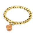 Golden Cuban chain bracelet featuring an orange heart stone pendant and a T-bar toggle clasp - Dark Brown Bracelet (KB162773-BH)